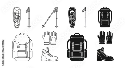 Set of outdoor and winter sports equipment icons including snowshoes, trekking poles, backpacks, gloves, and boots, presented in both outline and solid fill versions for various design projects.