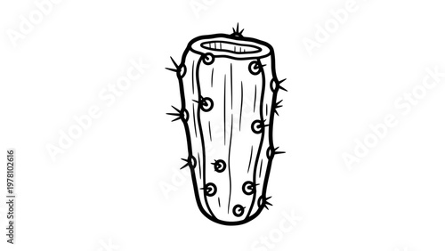 Simple black and white depiction of a prickly cactus stem segment with thorns, useful for nature themed designs or learning materials.