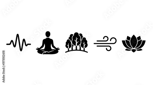 Five essential glyphs representing balance, peace, and natural living pulse, meditation, forest, breath, and purity. Perfect for digital media.