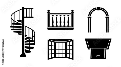 Set of black silhouette icons depicting architectural elements including a spiral staircase, balcony, arch, and window, ideal for building and interior design concepts.