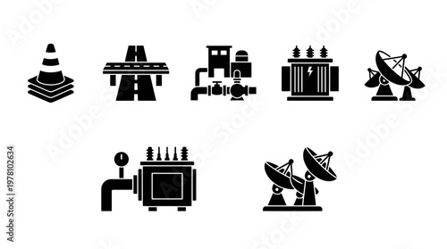 Collection of industrial, power, communication, and transportation glyph icons, useful for engineering, utility, and public works projects.
