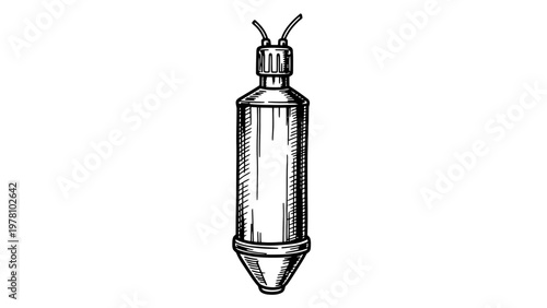 Handdrawn engraving of a scientific sensor or industrial probe, ideal for technical publications, educational resources, and vintage design projects.