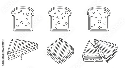 Simple line art illustrations of toast and grilled cheese sandwiches