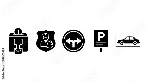 Glyph icons depicting urban services, traffic rules, law enforcement, and parking, ideal for illustrating city life, regulations, and navigation guides.