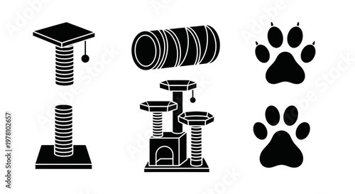 A collection of black icons depicting cat essentials various scratching posts, a fun tunnel, and adorable paw prints, perfect for pet shop marketing.