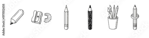 Hand drawn set of various writing and drawing tools including pencils, a sharpener, and brushes, ideal for educational or hobby related visual communication.
