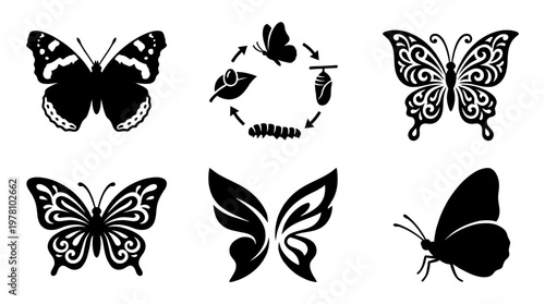 Set of butterfly silhouettes and a lifecycle diagram. Ideal for educational materials, natureinspired decor, and diverse graphic design projects.