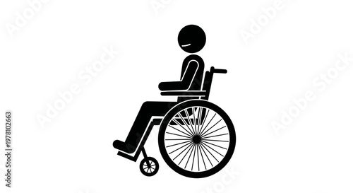 Simple graphic icon of a person with disability in a wheelchair, perfect for illustrating concepts of accessibility, mobility, inclusion, and healthcare services.