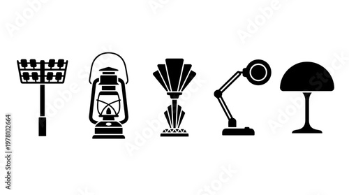 Vector silhouettes of various lamps and lighting fixtures, including a spotlight, lantern, art deco lamp, desk lamp, and mushroom lamp, ideal for modern design projects or energyrelated content.