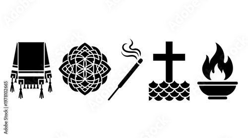 Diverse spiritual and religious icons representing various belief systems and practices useful for illustrating faith, ceremony, or symbolic concepts.
