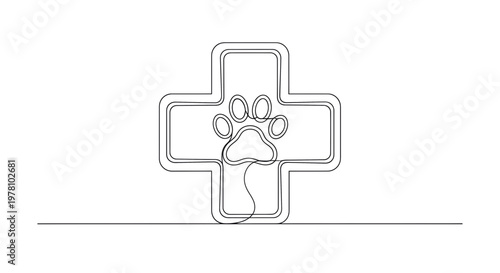 Minimalist continuous line art of a veterinary cross and paw print, ideal for pet healthcare, animal rescue, and veterinary clinic branding, symbolizing caring for animal wellbeing.