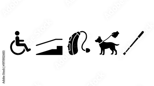 Icons representing accessibility and disability aids, featuring a wheelchair, ramp, hearing device, service dog, and a white cane, ideal for signage, educational resources