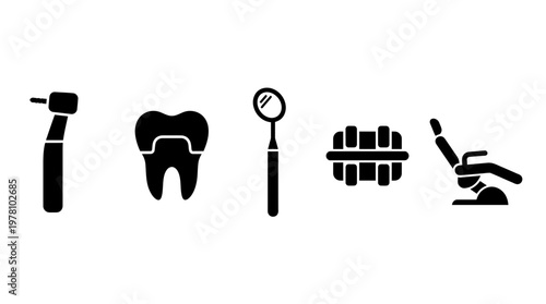 Black glyph icons representing essential dental tools and equipment like drill, tooth, mirror, braces, and chair, ideal for healthcare presentations or professional dental clinic designs.