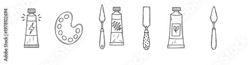 Collection of handdrawn painting tools featuring pigment tubes, artist palette, and various palette knives, ideal for creative projects and educational materials.