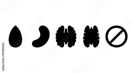 A collection of nut and seed silhouettes alongside a no symbol, perfect for depicting food allergies, dietary restrictions, or ingredient warnings on product labels.