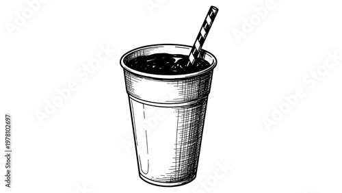 Hand drawn sketch of a refreshing drink in a disposable cup with a striped straw, ideal for food service graphics, menus, or beveragerelated promotions and branding.