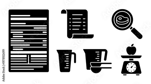 Collection of cooking, nutrition, and food preparation icons including recipe, nutrition label, measuring cup, and food scale, useful for apps and health content.