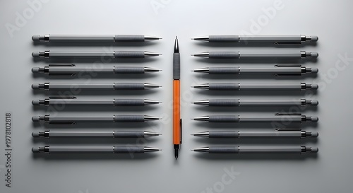Unique orange pen stands out among many similar gray pens on a white surface
