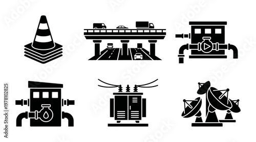 Essential public services and urban infrastructure signs, including transport, water pumping, electricity distribution, and communication systems, ideal for modern city development projects.