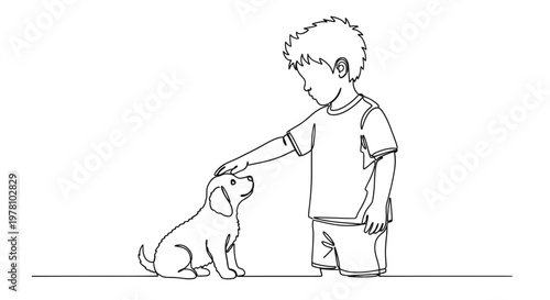 One continuous line art illustration showing a boy gently petting a small dog, perfect for themes of friendship, care, and animal love.