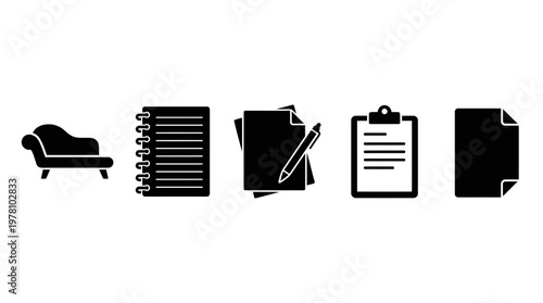 Black silhouette icons depicting a therapy couch, notebook, papers, and clipboard, useful for mental health, education, and office themes.