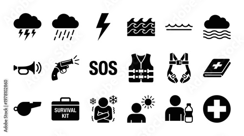 Collection of survival and emergency icons for safety guides, disaster preparedness, and informational graphics. Includes weather, equipment, and human condition symbols.