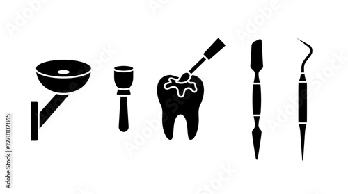 Dental instruments and tooth filling icons representing professional dentistry, oral care, and stomatology services, suitable for healthcare advertising and medical education.