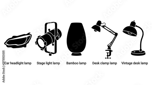 Five distinct lighting fixtures shown as silhouettes car headlight, stage light, bamboo lamp, desk clamp lamp, and vintage desk lamp. Ideal for product design and graphic applications.