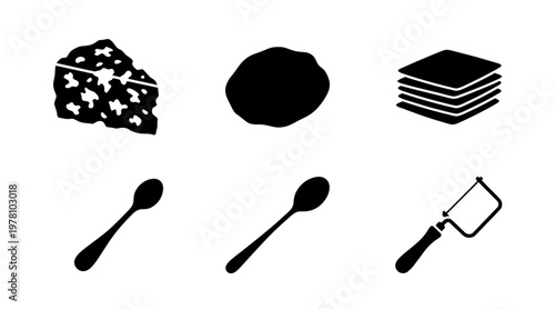 Collection of common items like cheese, spoons, and tools in silhouette form for icons or educational materials.