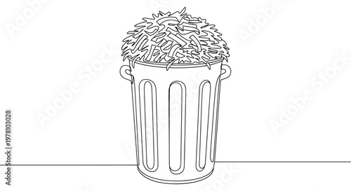 Single line drawing of an overflowing trash can with shredded material, representing waste, disposal, or excess information for various uses.
