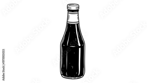 Monochrome handdrawn bottle graphic suitable for various liquid contents, ideal for packaging mockups, recipe books, or restaurant branding.
