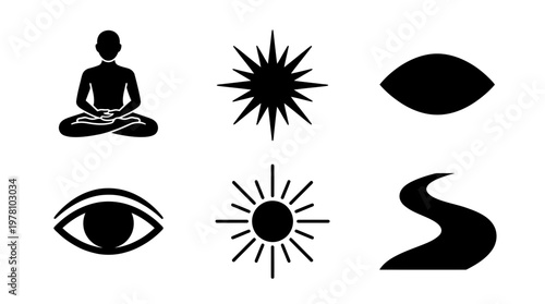 Black silhouette icons representing concepts of mindfulness, cosmic energy, sight, light, and lifes journey, useful for various graphic needs.