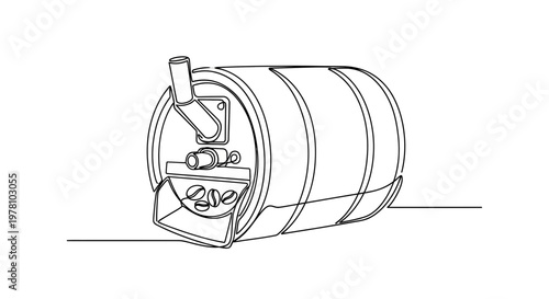 A minimalist continuous line drawing captures a sophisticated coffee roaster machine, showcasing roasted beans, ideal for packaging, branding, and decor.