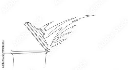 Minimalist one line art of an opening rubbish bin with dynamic lines, ideal for waste disposal, recycling, decluttering, or symbolizing new beginnings and cleanup efforts.