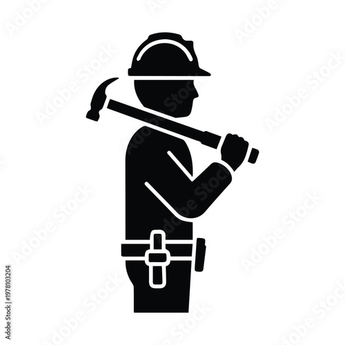 Construction worker wearing hard hat and utility belt holding hammer for professional building services