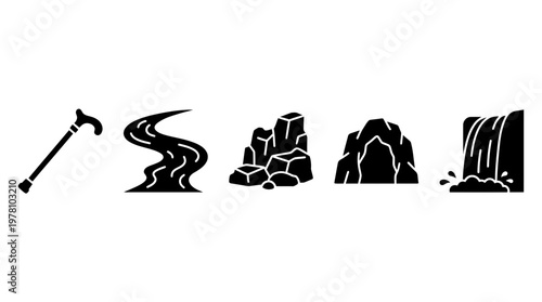 Black glyph icons depicting natural landscapes and adventure elements walking stick, river, rocks, cave, waterfall. Ideal for travel, outdoor, and environmental graphic design projects.