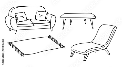 Simple black outline drawings of essential living room furniture pieces for various home styling, architecture, and interior design visualization purposes.