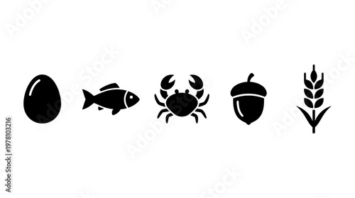 Collection of food allergen icons egg, fish, crab, acorn, and wheat. Ideal for dietary labeling, restaurant menus, product packaging, and health awareness graphics.
