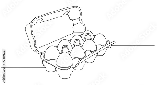 Open egg carton with eight eggs in a single line art style, perfect for foodrelated projects and minimalist graphic designs.
