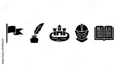 Set of historical icons including flag, quill, castle, helmet, and book, perfect for medievalthemed designs, educational content, and traditional storytelling visuals.