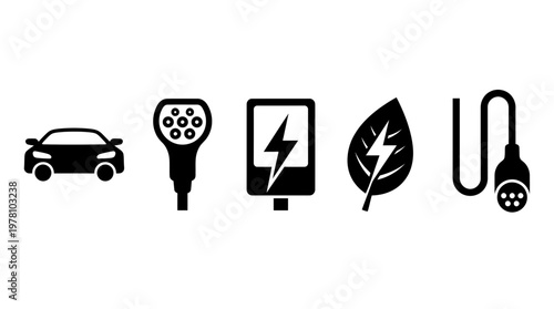 Vector icons of electric car, charging station, EV plug, and green energy leaf symbol, ideal for sustainable mobility and ecofriendly technology presentations.