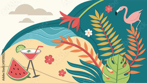 Summer time holiday vector design with paper cut style 