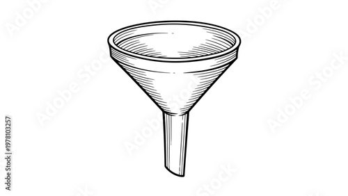 Black and white engraved funnel, a useful kitchen tool for transferring liquids or ingredients. Ideal for culinary, scientific, or household projects and educational content.