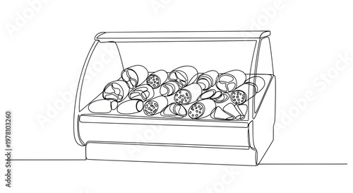 Single line drawing of a deli counter filled with sausages and cold cuts, suitable for food industry advertising and culinary projects.
