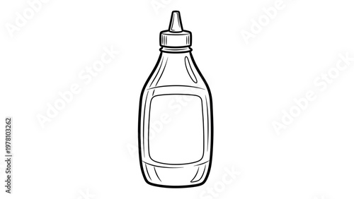Minimalist line art drawing of a versatile squeeze condiment bottle featuring a blank label ideal for food packaging design and restaurant branding applications.