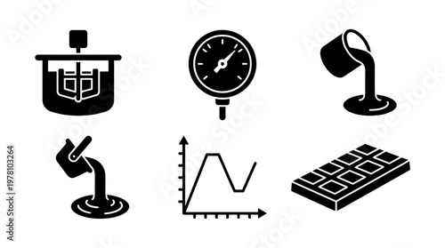 Black and white industrial process icons showing mixing, measurement, pouring, graph data, and chocolate production for manufacturing and factory related projects.