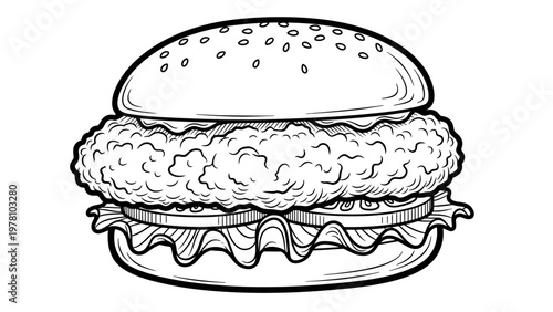 Hand drawn outline of a delicious fried chicken burger featuring crispy chicken patty, fresh lettuce, and tomato, ideal for fast food menus and restaurant advertising.