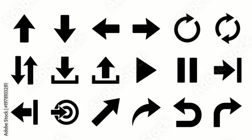 Vector icons set featuring arrows, navigation symbols, and media control buttons for user interface design, web applications, and digital projects.