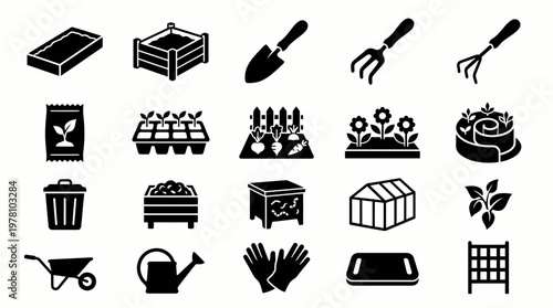 Comprehensive set of gardening icons including various tools, plants, and essential equipment for cultivating and maintaining a home garden or farm.