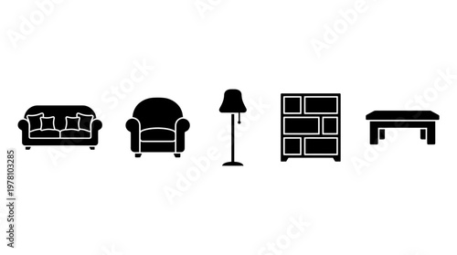 Vector icons of essential home furniture sofa, armchair, floor lamp, bookshelf, and table. Perfect for interior planning, domestic layout, and graphic design projects.